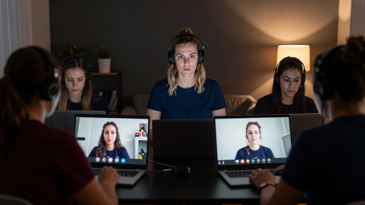 A group of sex workers engaged in a virtual safety role-play, practicing boundary-setting with calm confidence.