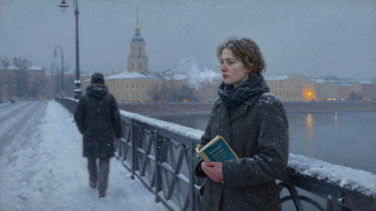 A woman stands on a snowy bridge in St. Petersburg, holding a classic novel as the city glows behind her in winter light.