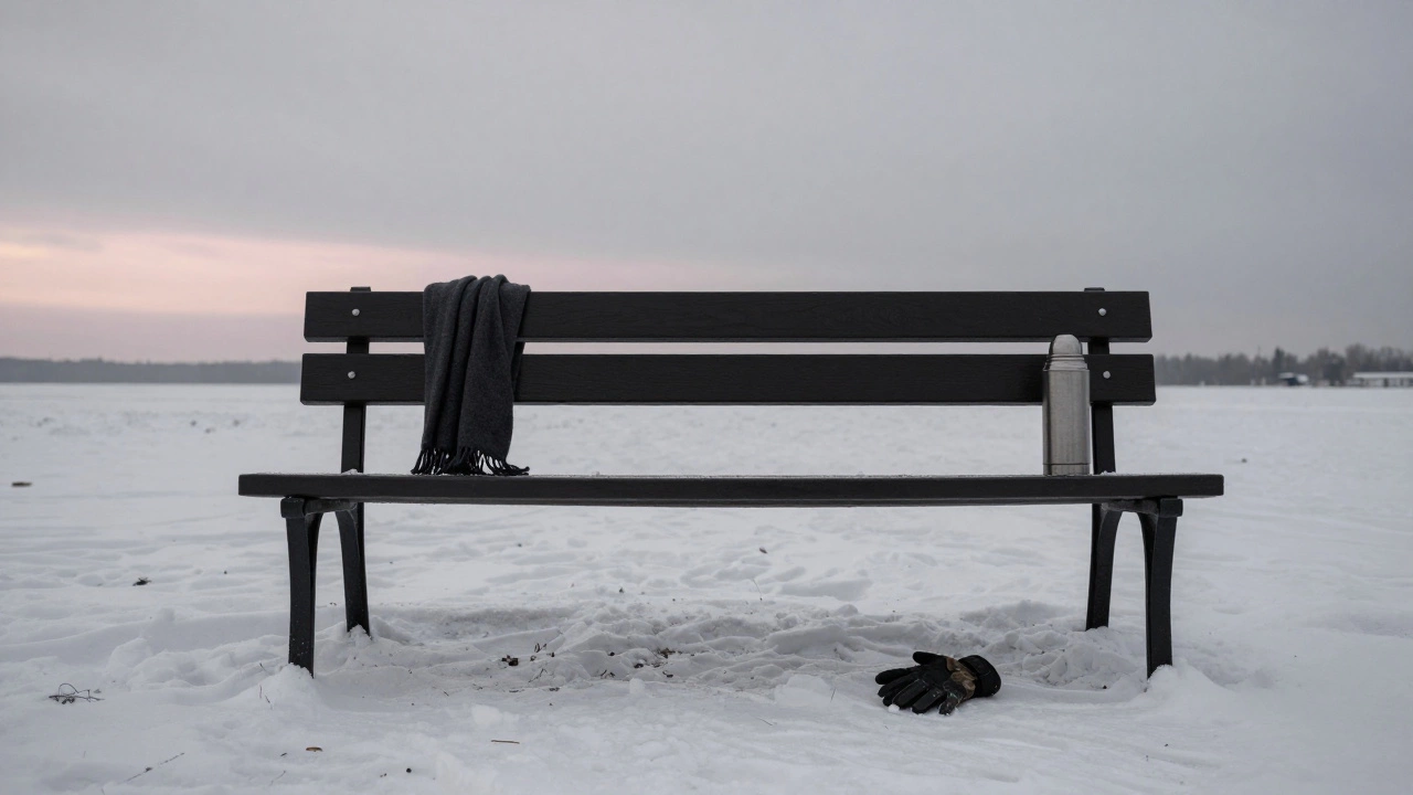An empty park bench in Yekaterinburg holds a forgotten glove and thermos, under a quiet winter sky.